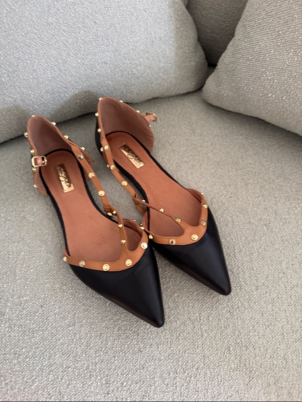 Halogen Black Pointed Studded Flats with Brown Straps